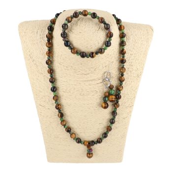   Fazettált sólyomszemes tigrisszem, rubinos zoizittal, szett