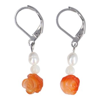   Tenyésztett gyöngy-gyöngyház fülbevaló, karneol rózsával