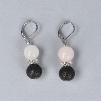   Egyedi fülbevaló, rózsakvarc, fehér strasszos rondella, lávakő