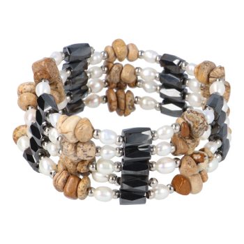   Mágneses hematit és képjáspis karkötő / nyaklánc, tenyésztett gyönggyel, kb. 95 cm