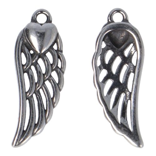 Orvosi fém feles angyalszárny, szívvel, antik ezüst, kb. 20x8 mm (1 db)