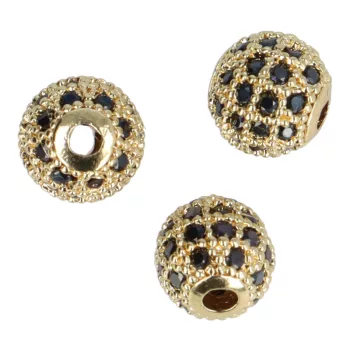   Köztes dísz, fekete cirkónia köves, golyó, arany szín, 8x7 mm (1 db) 