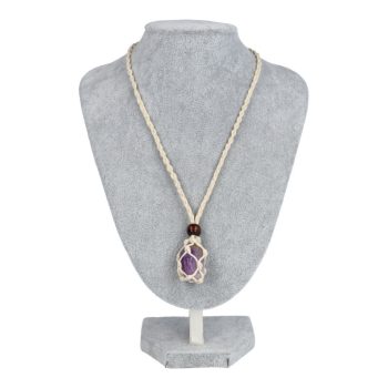    Kord makramé lánc, ásványtartóval, sötét fa gyöngyökkel, fehér,  42 cm