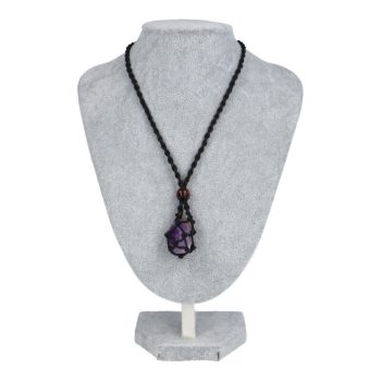    Kord makramé lánc, ásványtartóval, sötét fa gyöngyökkel, fekete,  42 cm
