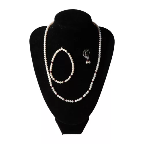 Belső láng - fehér tenyésztett gyöngy ékszerszett, 4-4,5 mm-es tenyésztett gyönggyel, gránáttal