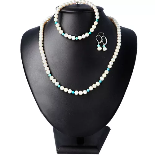 Valós hangom  - fehér tenyésztett gyöngy ékszerszett türkizzel