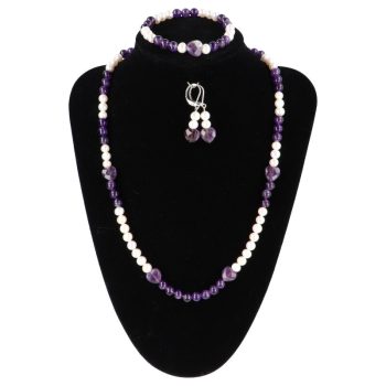   "Tudatos változás" - fehér tenyésztett gyöngy ékszerszett, ametiszttel