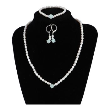   Fehér tenyésztett gyöngy, amazonit rózsával, ékszerszett 