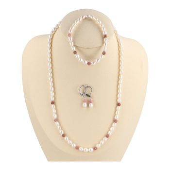   Megfontoltság - fehér tenyésztett gyöngy ékszerszett, rodonittal