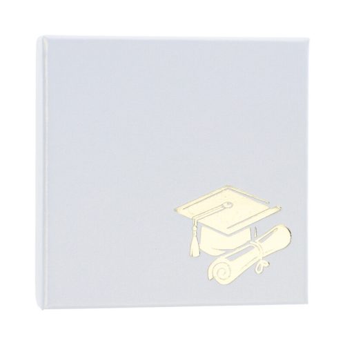 Díszdoboz, fehér papírdoboz arany színű ballagási mintával, 80x80x25 mm