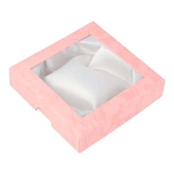   Díszdoboz, selyembéléses, ablakos, rózsaszín, kb. 9x9 cm