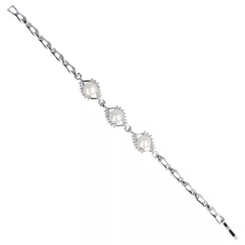   Tenyésztett gyöngy karkötő, fehér, strasszos, hajlított, 17-18 cm