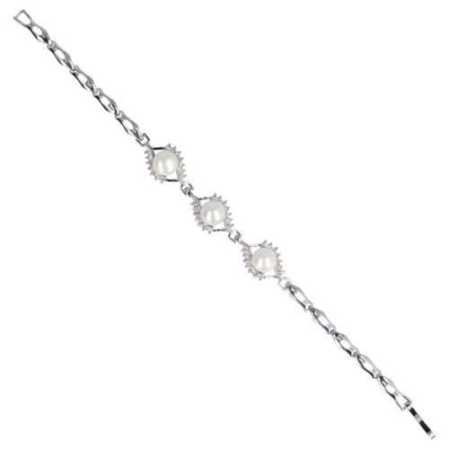 Tenyésztett gyöngy karkötő, fehér, strasszos, hajlított, 17-18 cm