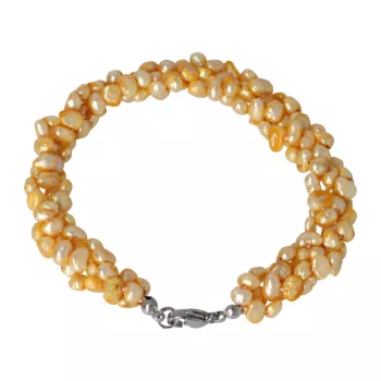   Potátó, színezett tenyésztett gyöngy karkötő, sárga, fonott, 4-5 mm, 17 cm